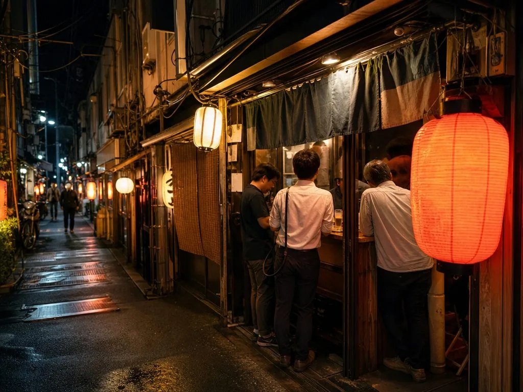 An Ura-Namba back alley at night — standing izakaya, lanterns and beer