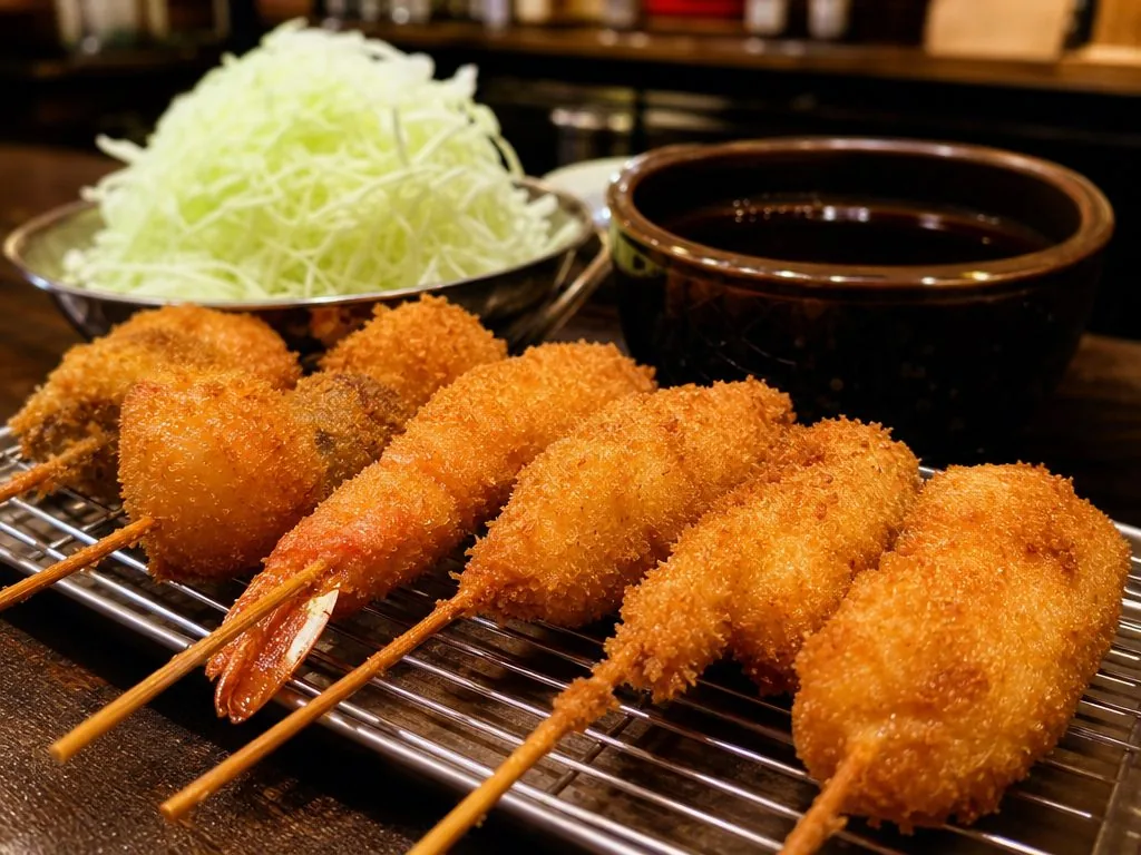 Kushikatsu skewers with shredded cabbage and the communal dipping sauce